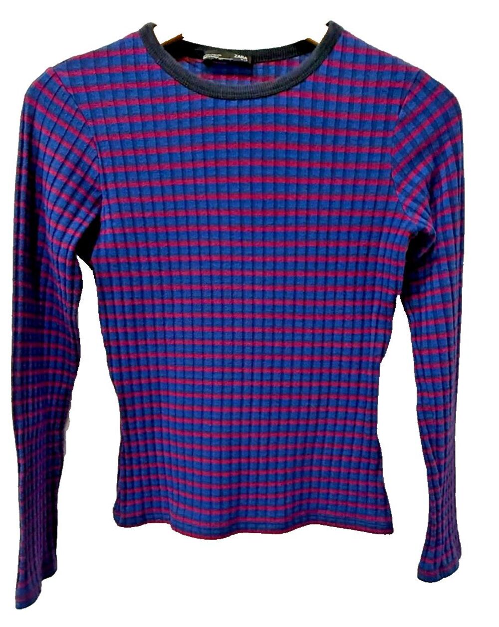 Zara Long-Sleeve Blue Magenta Striped Ribbed Knit Crew-Neck T-Shirt Womens S